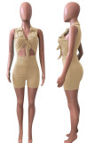 Coffee Sexy Solid Hollowed Out Patchwork Knotted Turndown Collar Regular Rompers