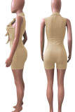 Coffee Sexy Solid Hollowed Out Patchwork Knotted Turndown Collar Regular Rompers