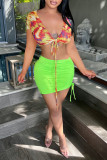 Orange Fashion Sexy Print Bandage V Neck Short Sleeve Two Pieces