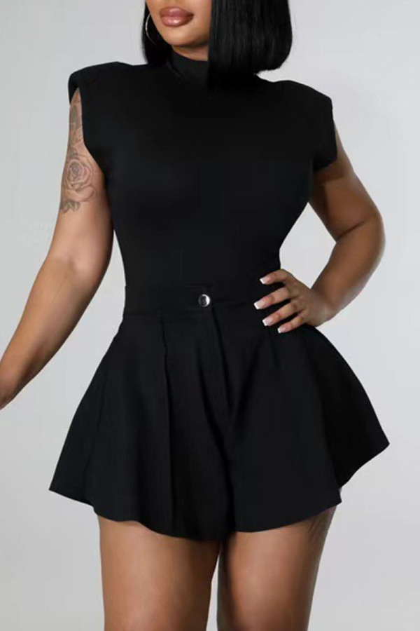 Black Casual Solid Patchwork Fold O Neck Sleeveless Two Pieces