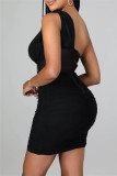 Pink Sexy Solid Patchwork See-through Backless Fold Oblique Collar Sleeveless Dress