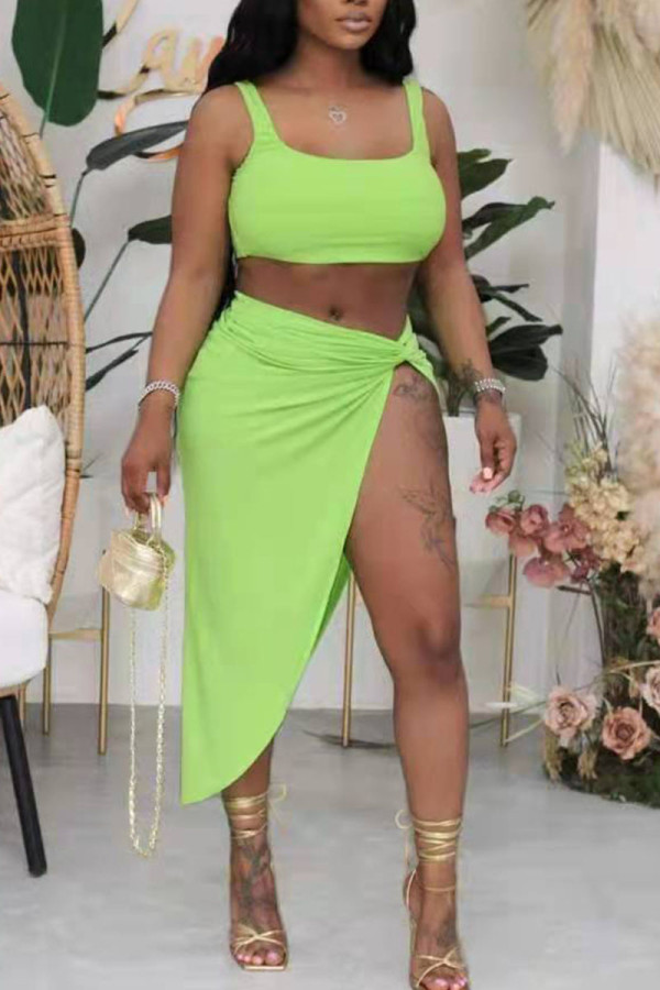 Green Sexy Solid Patchwork Slit Asymmetrical U Neck Two Pieces