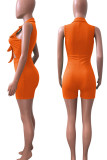 Coffee Sexy Solid Hollowed Out Patchwork Knotted Turndown Collar Regular Rompers