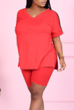 Rose Red Casual Solid Patchwork V Neck Short Sleeve Two Pieces