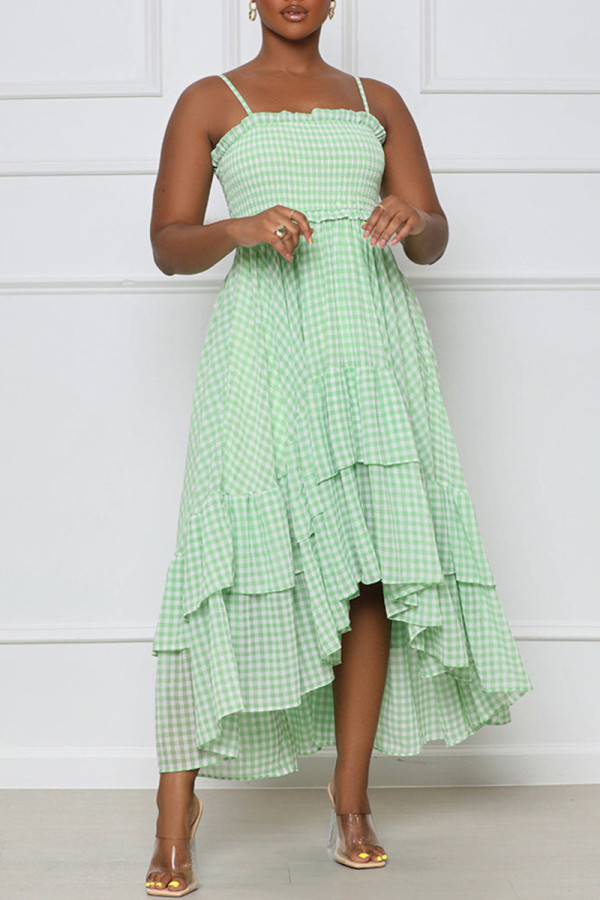 Green Fashion Casual Plaid Patchwork Backless Spaghetti Strap Irregular Dress