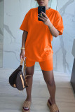 Rose Red Casual Solid Patchwork O Neck Short Sleeve Two Pieces