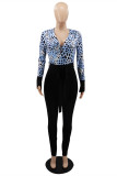 Blue Fashion Casual Print Leopard Patchwork V Neck Skinny Jumpsuits