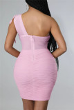 Pink Sexy Solid Patchwork See-through Backless Fold Oblique Collar Sleeveless Dress