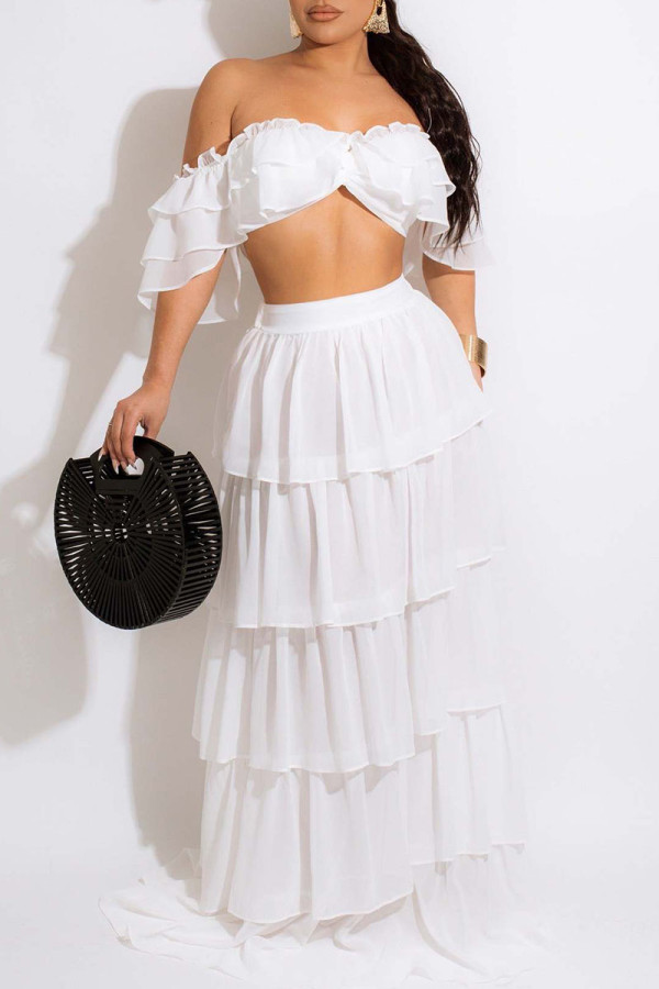White Sexy Solid Patchwork Flounce Fold Off the Shoulder Two Pieces