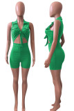 Coffee Sexy Solid Hollowed Out Patchwork Knotted Turndown Collar Regular Rompers