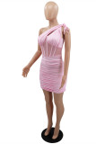 Pink Sexy Solid Patchwork See-through Backless Fold Oblique Collar Sleeveless Dress