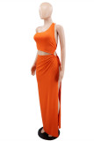 Orange Fashion Sexy Solid Bandage Slit One Shoulder Sleeveless Dress Dresses