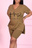 Coffee Casual Print Patchwork V Neck Short Sleeve Two Pieces