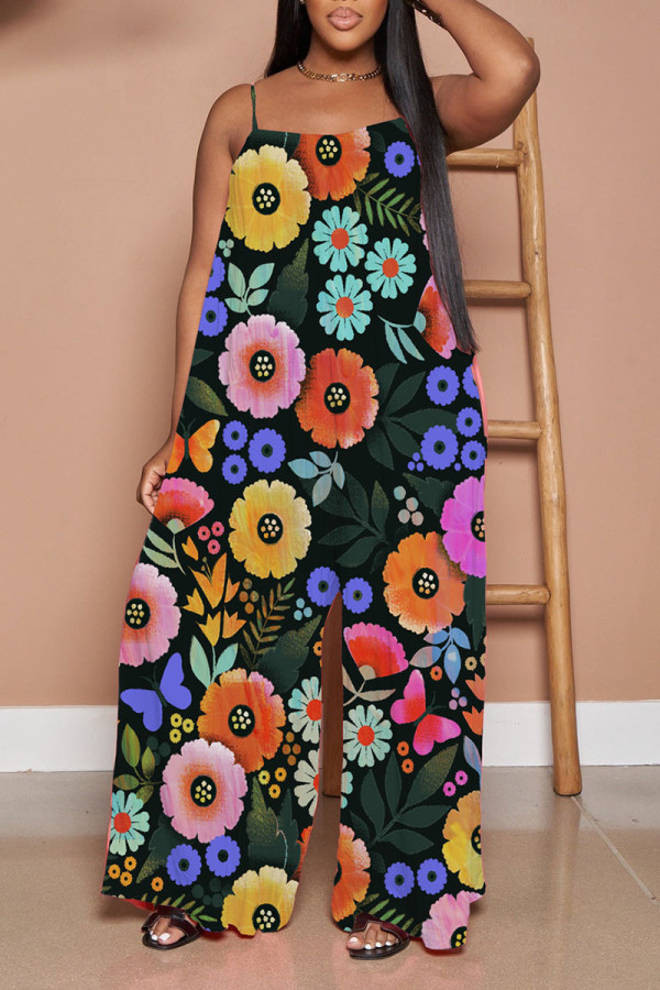 Black Casual Print Patchwork Spaghetti Strap Straight Jumpsuits