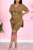 Coffee Casual Print Patchwork V Neck Short Sleeve Two Pieces