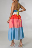 Colour Fashion Casual Solid Patchwork Backless Cross Straps Spaghetti Strap Long Dress