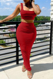 Red Sexy Casual Solid Vests U Neck Sleeveless Two Pieces