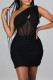 Black Sexy Solid Patchwork See-through Backless Fold Oblique Collar Sleeveless Dress