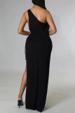 Orange Fashion Sexy Solid Bandage Slit One Shoulder Sleeveless Dress Dresses