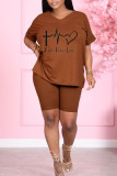 Coffee Casual Print Patchwork V Neck Short Sleeve Two Pieces