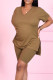 Khaki Casual Solid Patchwork V Neck Short Sleeve Two Pieces