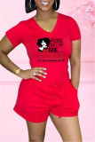 Rose Red Fashion Casual Print Basic V Neck Short Sleeve Two Pieces