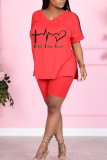 Coffee Casual Print Patchwork V Neck Short Sleeve Two Pieces