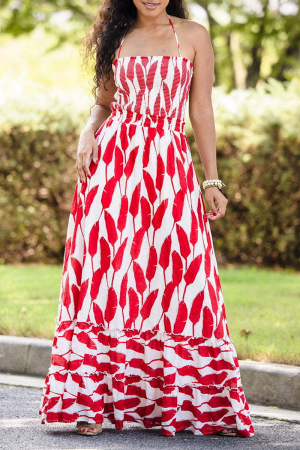 Red Sweet Print Patchwork Backless Halter A Line Dresses