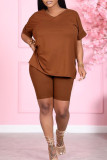 Rose Red Casual Solid Patchwork V Neck Short Sleeve Two Pieces