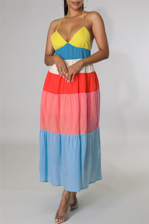 Colour Fashion Casual Solid Patchwork Backless Cross Straps Spaghetti Strap Long Dress