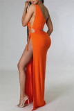 Orange Fashion Sexy Solid Bandage Slit One Shoulder Sleeveless Dress Dresses