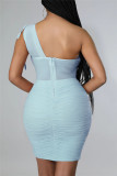 Pink Sexy Solid Patchwork See-through Backless Fold Oblique Collar Sleeveless Dress