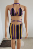 Purple Fashion Sexy Letter Striped Print Bandage Hollowed Out Spaghetti Strap Sleeveless Two Pieces