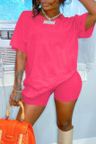 Rose Red Casual Solid Patchwork O Neck Short Sleeve Two Pieces