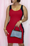 Red Sexy Solid Patchwork O Neck Pencil Skirt Dresses