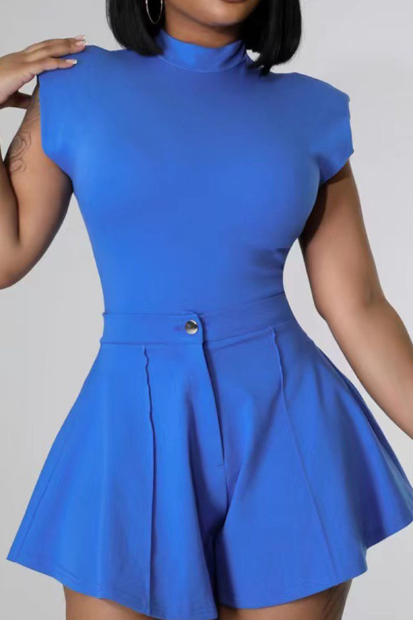 Peacock Blue Casual Solid Patchwork Fold O Neck Sleeveless Two Pieces