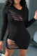 Black Fashion Solid Ripped O Neck Pencil Skirt Dresses