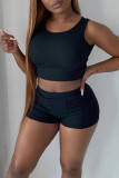 Black Casual Sportswear Solid Patchwork O Neck Sleeveless Two Pieces