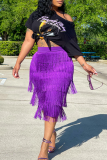 Purple Fashion Solid Tassel Straight Mid Waist Straight Solid Color Bottoms