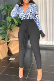 Blue Fashion Casual Print Leopard Patchwork V Neck Skinny Jumpsuits