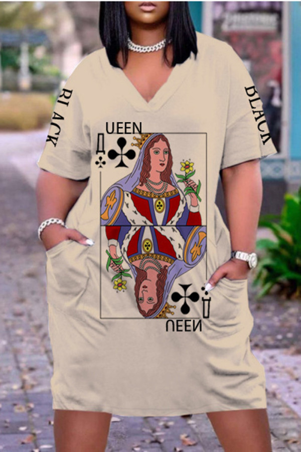 Khaki Fashion Casual Print Basic V Neck Short Sleeve Dress