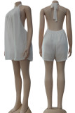 White Casual Solid Patchwork Backless Halter Straight Rompers