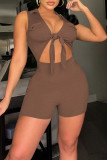 Coffee Sexy Solid Hollowed Out Patchwork Knotted Turndown Collar Regular Rompers