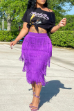 Purple Fashion Solid Tassel Straight Mid Waist Straight Solid Color Bottoms