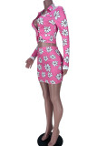 Rose Red Casual Print Patchwork Buckle Turndown Collar Long Sleeve Two Pieces