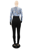 Blue Fashion Casual Print Leopard Patchwork V Neck Skinny Jumpsuits