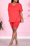 Rose Red Casual Solid Patchwork V Neck Short Sleeve Two Pieces