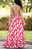 Red Sweet Print Patchwork Backless Halter A Line Dresses