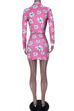 Rose Red Casual Print Patchwork Buckle Turndown Collar Long Sleeve Two Pieces