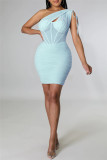 Pink Sexy Solid Patchwork See-through Backless Fold Oblique Collar Sleeveless Dress